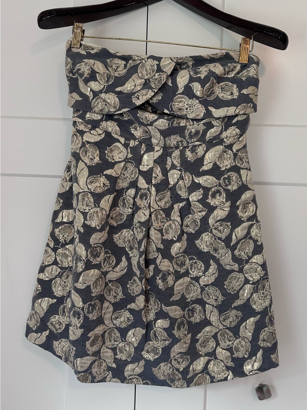 Toni Strapless‎ Metallic Floral A-Line Dress in Blue Gray and Silver
